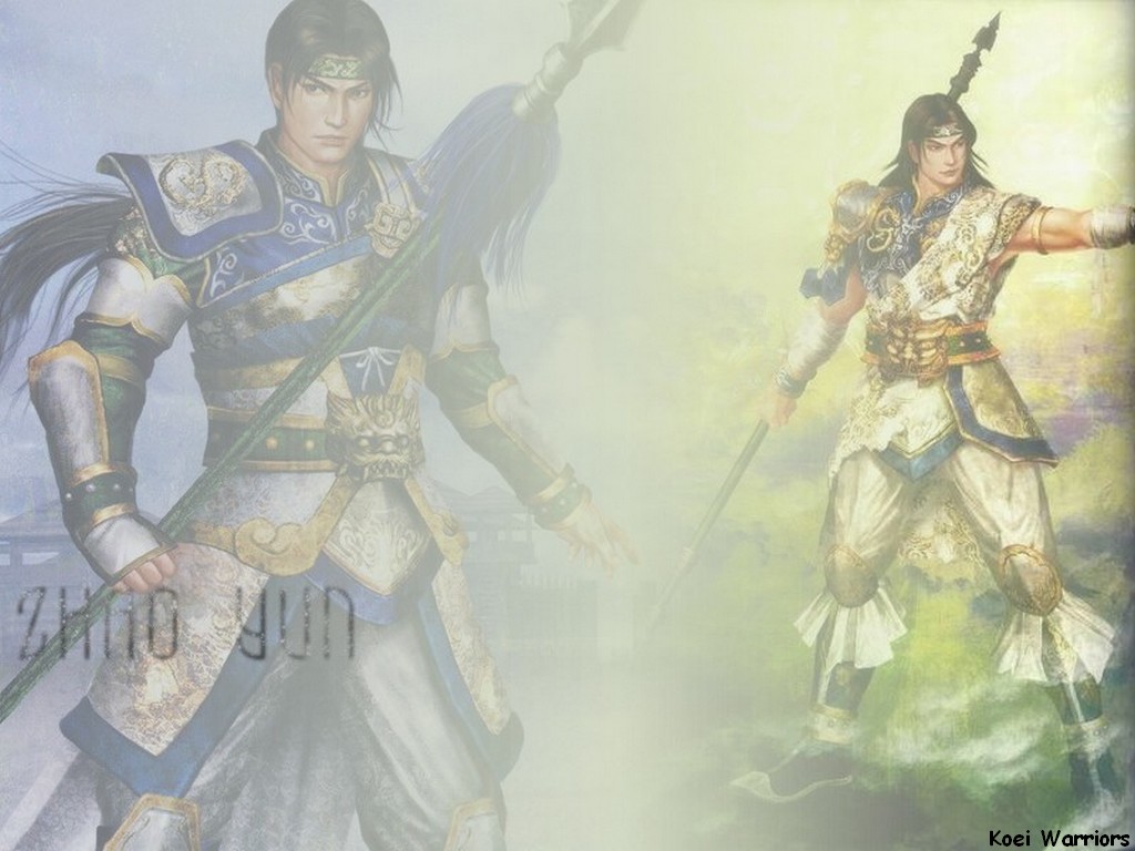 black_hair dynasty_warriors hero koei long_hair sangoku_musou shield solo spear wallpaper warrior weapon zhao_yun
