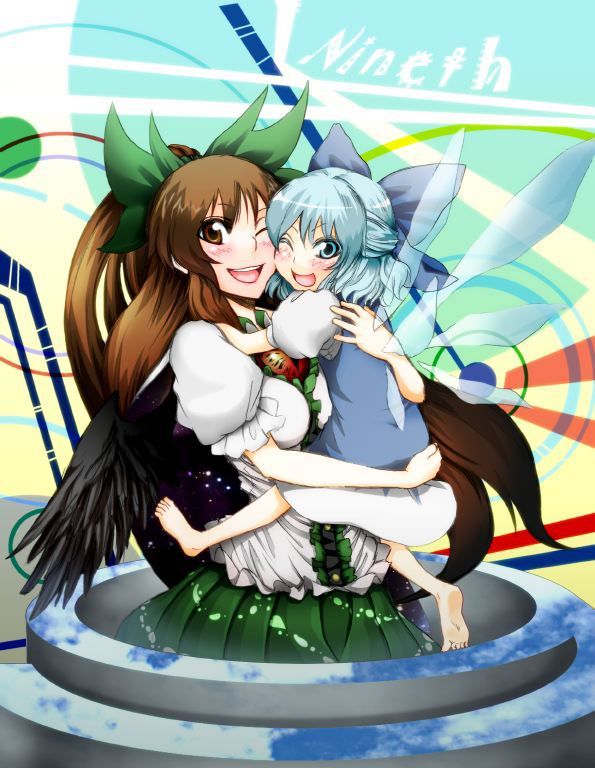 barefoot black_wings blue_eyes blue_hair bow brown_eyes brown_hair cape carrying cheek-to-cheek cheek_to_cheek cirno cockadooodledoo friends hair_bow holding hug long_hair multiple_girls red_eyes reiuji_utsuho short_hair third_eye touhou wings wink