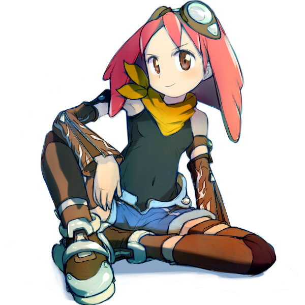 1girl alchera black_shirt boots brown_eyes capcom character_request detached_sleeves female goggles goggles_on_head long_hair navel pink_hair red_hair rockman rockman_dash rockman_dash_3 shorts sitting solo spandex thighhighs