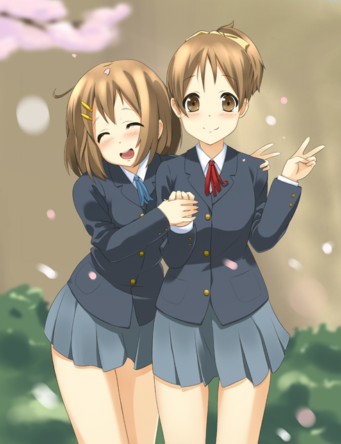 brown_eyes brown_hair cherry_blossoms hand_holding hirasawa_ui hirasawa_yui holding_hands k-on! petals ponytail school_uniform short_hair siblings sisters v