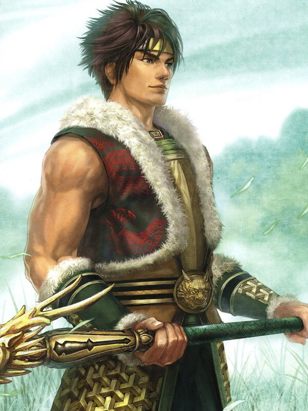 armored brown_eyes brown_hair dynasty_warriors guan_ping koei sangoku_musou shield smile solo spear warrior weapon