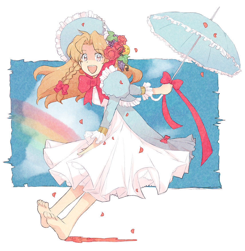 bow braid dress feet flower food frills fruit grapes hair_bow hat long_hair open_mouth orange_hair original parasol petals pink_eyes puffy_sleeves rainbow red_rose rose rose_petals single_braid solo sooya soya umbrella