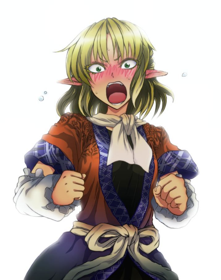 arm_warmers blonde_hair blush cockadooodledoo ear_blush green_eyes mizuhashi_parsee pointy_ears sash scarf solo touhou