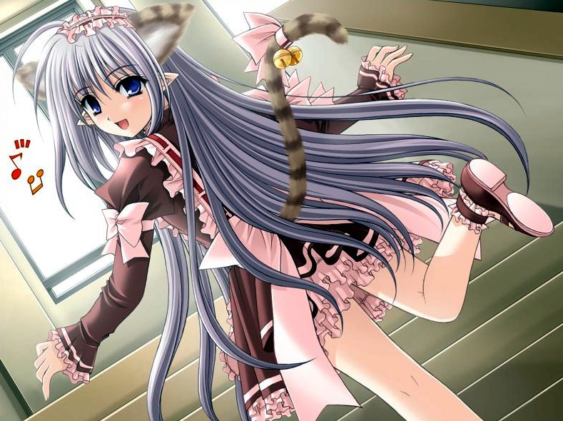 bells blue_eyes game_cg happy long_hair maid musical_notes nekomimi photoshop pink pointy_ears primula school shuffle! silver_hair tail