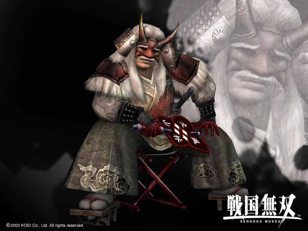 chair fan gloves high_heels horn horns koei long_hair mask official_art samurai samurai_warriors sandals sengoku_musou shield solo sword takeda_shingen wallpaper weapon white_hair