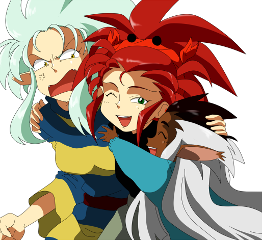 age_difference angry black_hair blue_hair green_eyes hakubi_washuu hand_on_head hug long_hair mother_and_daughter mother_and_doughter multicolored_hair open_mouth pointy_ears poriore red_hair redhead ryou-ouki ryouko_(tenchi_muyou!) siblings sisters smile spiked_hair spiky_hair tenchi_muyou! two-tone_hair wink yellow_eyes