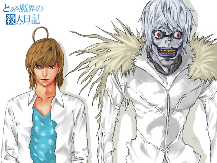 accelerator_(cosplay) ahoge cosplay crossover death_note fur_collar fusion jacket last_order last_order_(cosplay) parody perfect-crystal red_eyes ryuk short_hair to_aru_majutsu_no_index translated what white_hair yagami_light
