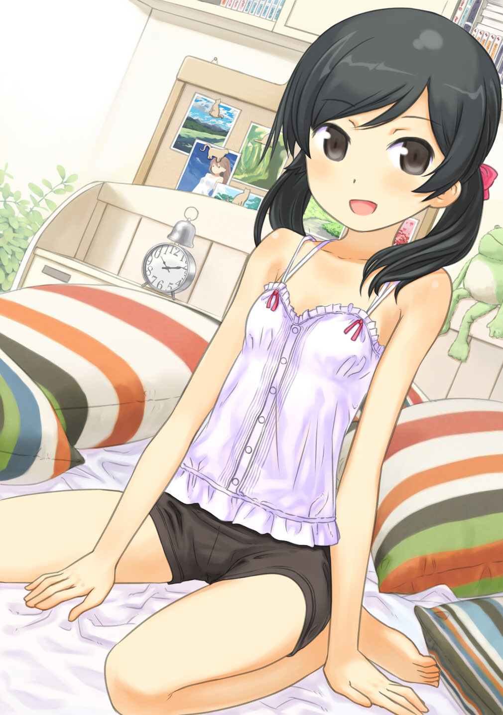 barefoot bed bedroom black_eyes black_hair buntan camisole child clock highres loli long_hair original pillow shorts sitting smile solo twintails wariza