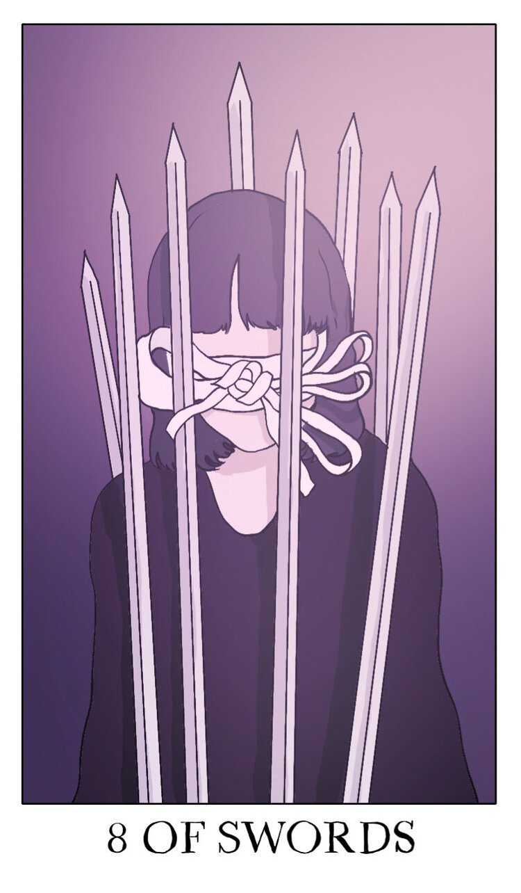 1girl blindfold blunt_bangs border card_(medium) english_text highres jessica_hayworth long_sleeves medium_hair minor_arcana_(tarot) monochrome original purple_background purple_hair purple_shirt purple_theme shirt solo surreal surrounded sword tarot tarot_(medium) upper_body weapon white_blindfold white_border