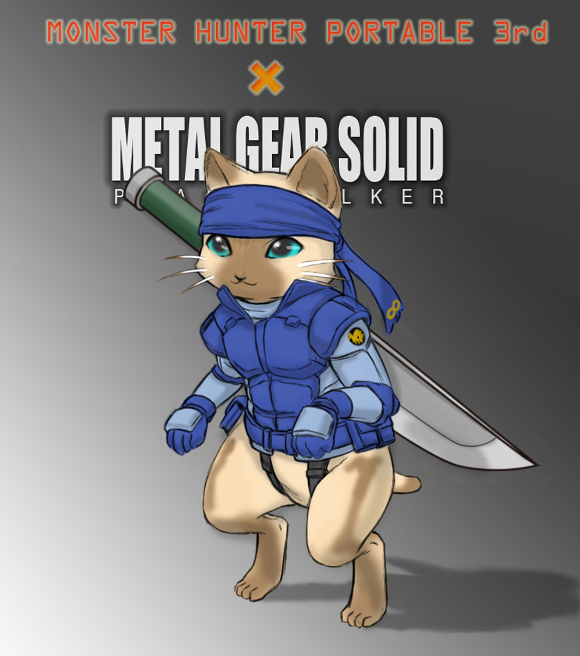 cat cat_focus cosplay crossover felyne headband knife metal_gear metal_gear_solid metal_gear_solid_peace_walker monster_hunter monster_hunter_portable_3rd no_humans oshiyan solid_snake solid_snake_(cosplay) solo