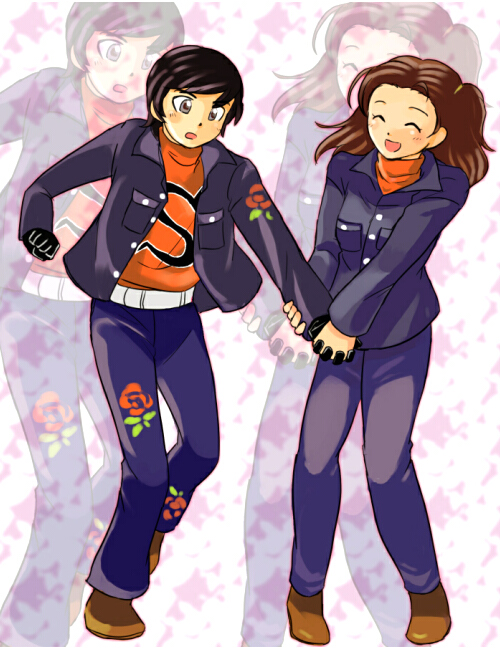 1boy 1girl bad_id black_hair blue_eyes brown_hair couple female gloves jou_shigeru kamen_rider kamen_rider_stronger_(series) male misaki_yuriko open_mouth short_hair smile yuutsuki_mei