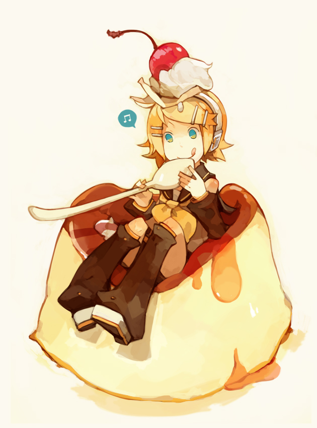 aqua_eyes bare_shoulders blonde_hair cherry detached_sleeves food fruit glider_(artist) guraida hair_ornament hair_ribbon hairclip headphones kagamine_rin leg_warmers musical_note pastry pudding ribbon sailor_collar short_hair shorts sitting smile solo spoon tongue vocaloid whipped_cream