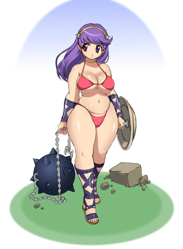 athena_(series) ball_and_chain bikini breasts cleavage cross-laced_footwear curvy flail hips large_breasts long_hair navel pink_eyes plump princess_athena purple_hair sandals shield swimsuit uno_makoto warrior weapon wide_hips