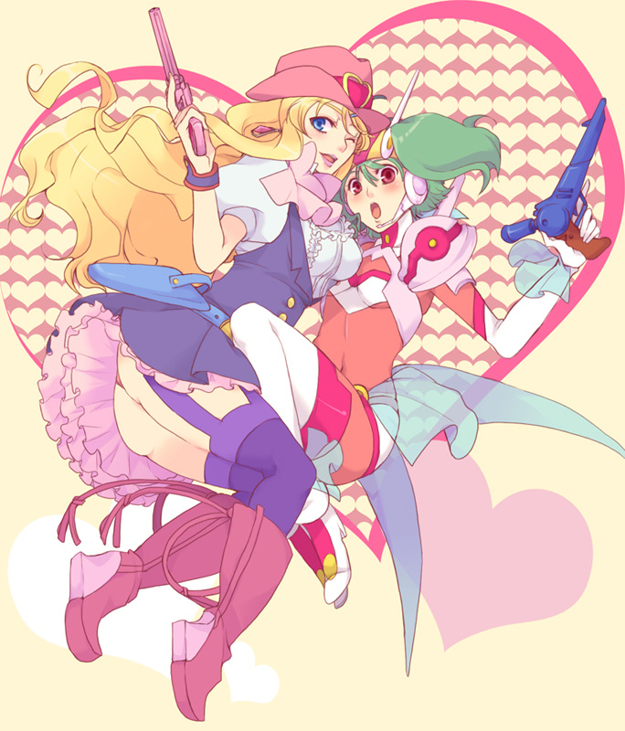 blonde_hair blue_eyes boots cosplay cowboy_hat dress frills green_hair hat headset heart jewelry macross macross_frontier macross_frontier:_itsuwari_no_utahime macross_frontier:_the_false_diva mechi multiple_girls open_mouth ranka_lee red_eyes sheryl_nome single_earring thigh-highs thighhighs western