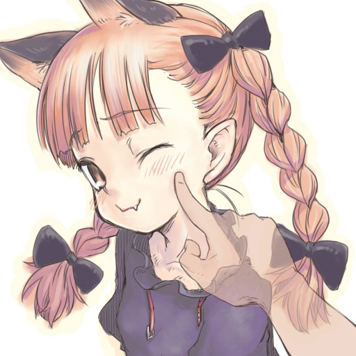 animal_ears braid cat_ears cheek_poke extra_ears fang hair_ribbon hands kaenbyou_rin nametake poke poking pov red_eyes red_hair ribbon solo touhou transparent twin_braids twintails wink