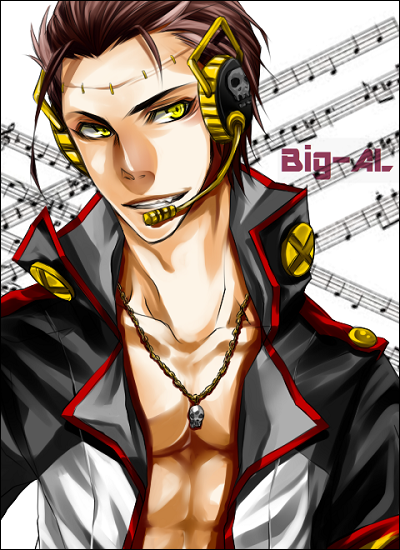91 al big collarbone engloid fang headphones headset male music_staff necklace open_jacket popped_collar vocaloid yellow_eyes