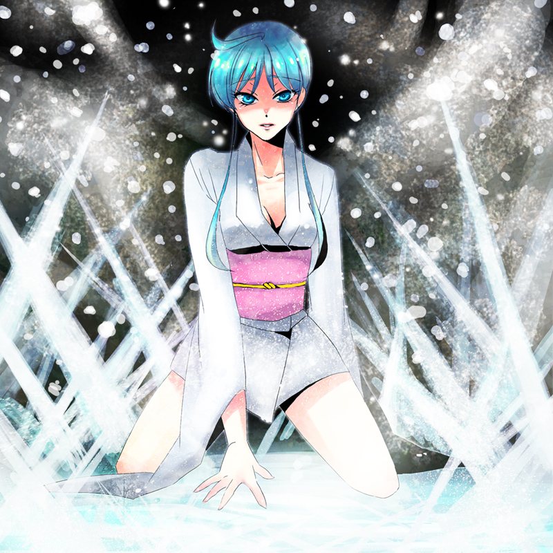 blue_hair ice japanese_clothes jigoku_sensei_nube jojon kimono kneeling payot sad short_hair short_kimono skirt snow solo yukime yukime_(jigoku_sensei_nube)