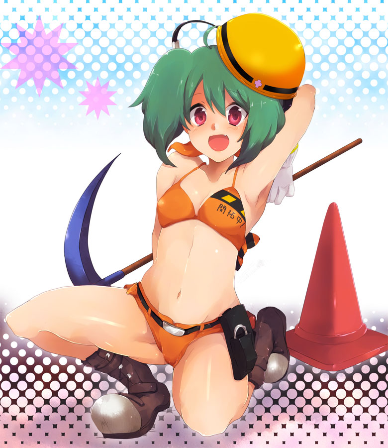 armpits arms_behind_back bikini bikini_top boots fang green_hair halftone halftone_background hardhat helmet kurohara_yuu macross macross_frontier macross_frontier:_itsuwari_no_utahime one_knee ranka_lee red_eyes scythe short_hair smile swimsuit traffic_cone ultimate_moe