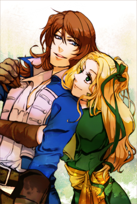 adult alternate_costume blonde_hair blue_eyes brown_hair buckle castlevania castlevania:_symphony_of_the_night coat dress_shirt gloves green_eyes hug long_hair maria_renard ribbon richter_belmondo richter_belmont sash senbe senbe_(motimotio) shirt short_hair smile symphony_of_the_night