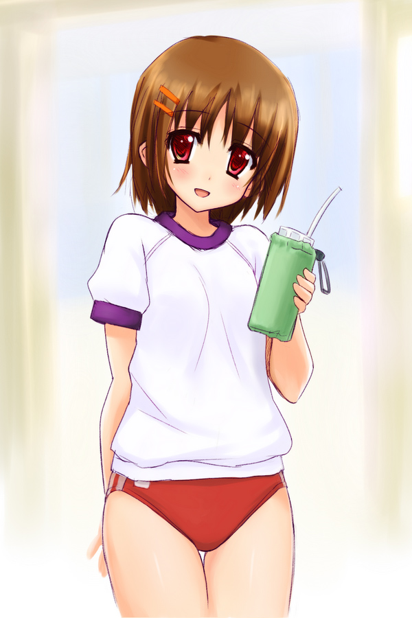 :d brown_hair buruma copyright_request drink gym_uniform hair_ornament hairclip itoji open_mouth red_eyes smile solo straw