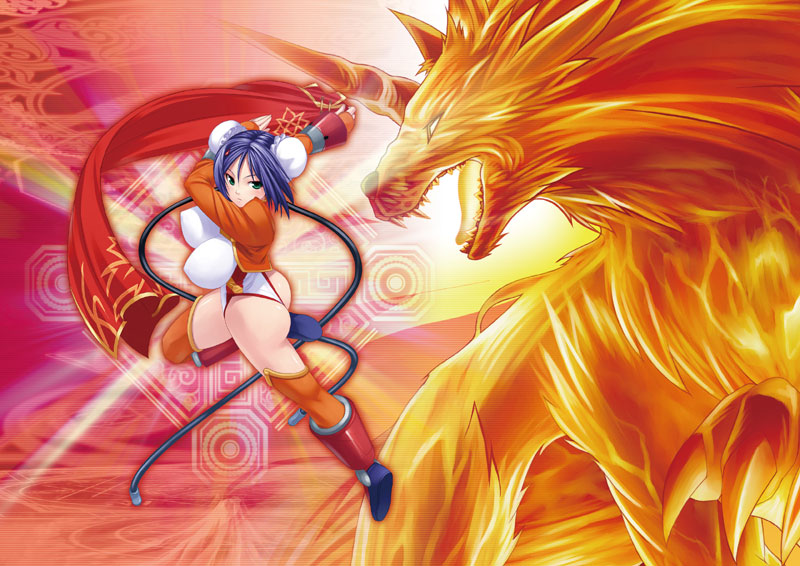 arcana_heart armor ass blue_hair blush boots breasts bun_cover cable chinese_clothes claws crop_top curvy double_bun erect_nipples fighting_stance fire glowing green_eyes hair_ornament hairclip horn impossible_clothes impossible_clothing jacket jumping lang-gong large_breasts leg_up leotard magic mei-fang mizuki_gyokuran monster official_art open_clothes open_jacket orange_legwear scarf short_hair teeth thigh-highs thighhighs thong_leotard wolf