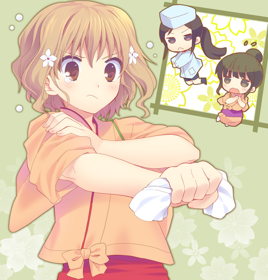 black_hair blonde_hair blush brown_eyes chibi flower fuyuichi hair_bun hair_flower hair_ornament hanasaku_iroha japanese_clothes long_hair matsumae_ohana multiple_girls oshimizu_nako outstretched_arm panic panicking ponytail short_hair tears towel tsurugi_minko wavy_hair