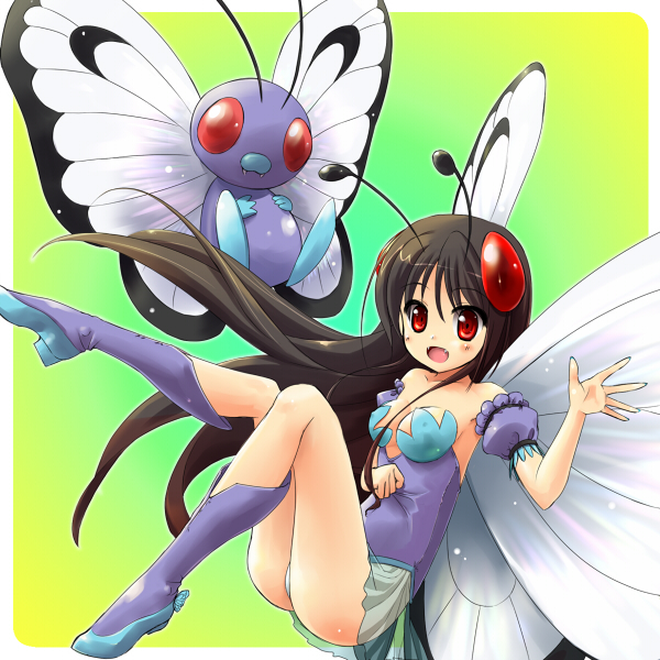 1girl antenna bare_shoulders black_hair blush boots breasts brown_hair butterfly_wings butterfree cleavage dress dual_persona fang fangs flat_chest gijinka hair_ornament knee_boots long_hair moemon open_mouth panties personification pokemon pokemon_(creature) pokemon_(game) pokemon_rgby red_eyes simple_background sitting small_breasts smile solo tenjou_ryuka underwear waving wings