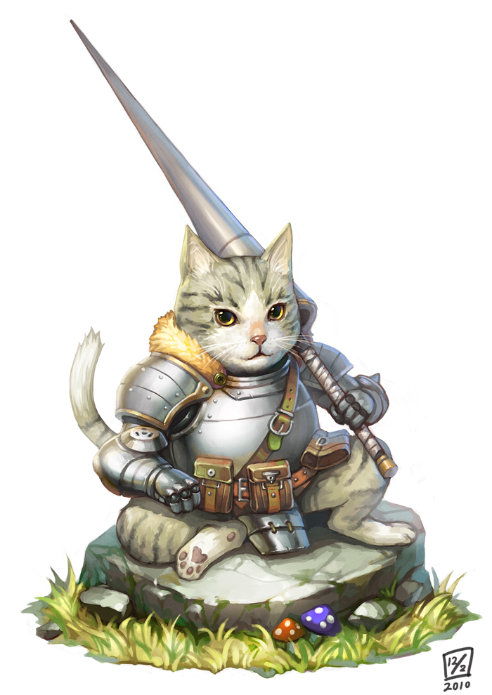 belt cat copyright_request gauntlets lance lieqi_hun mushroom personification polearm pouch rock ryouki_tamashii simple_background sitting tail weapon yellow_eyes