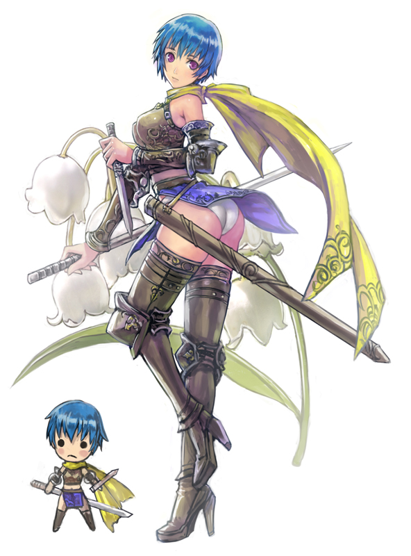 ass blue_hair boots detached_sleeves docoi dual_persona dual_wielding flower high_heels knife original panties pantyshot purple_eyes reverse_grip scarf sheath shoes short_hair solo sword thigh-highs thigh_boots thighhighs underwear violet_eyes weapon