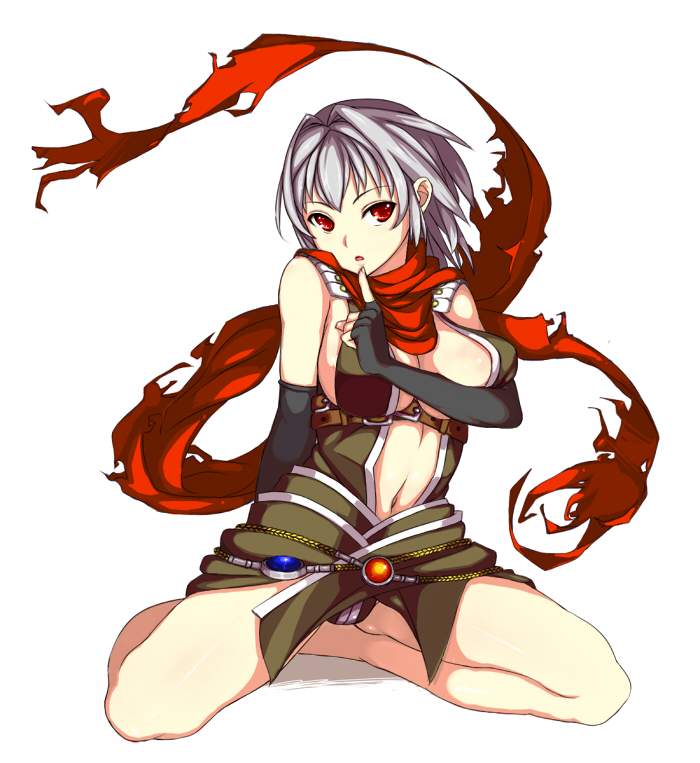 assassin_cross breast_press breasts cleavage finger_to_mouth grey_hair navel ragnarok_online red_eyes scarf short_hair