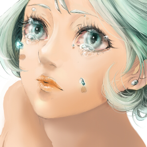 crystal earrings eyelashes face green_eyes green_hair hebi jewelry lips looking_up lowres nose original short_hair solo tears