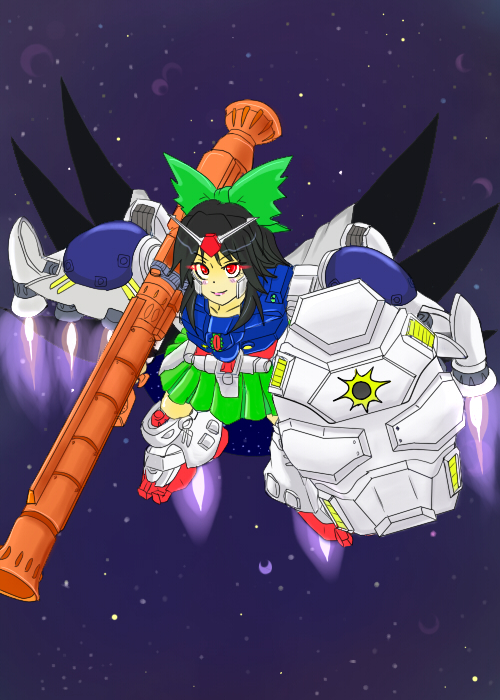 bazooka black_hair black_wings bow cape glowing glowing_eyes gundam gundam_0083 gundam_gp-02_physalis hair_bow long_hair mecha_musume parody red_eyes reiuji_utsuho shield space touhou weapon wings