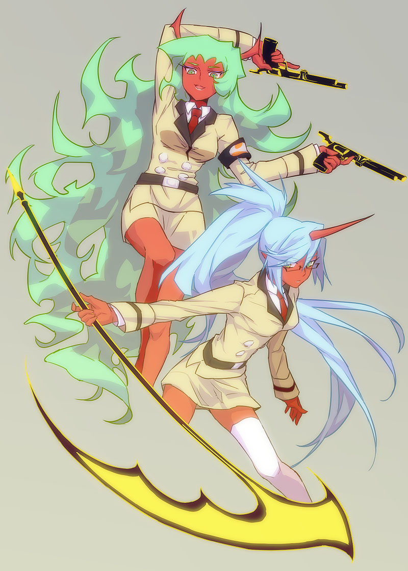 blue_hair double_gold_lacytanga double_gold_spandex dual_wielding formal glasses green_eyes gun handgun horns kneesocks_(character) kneesocks_(psg) long_hair mimana multiple_girls necktie panty_&amp;_stocking_with_garterbelt ponytail red_skin scanty scanty_(psg) scythe simple_background single_thighhigh suit thigh-highs thighhighs weapon white_legwear white_thighhighs