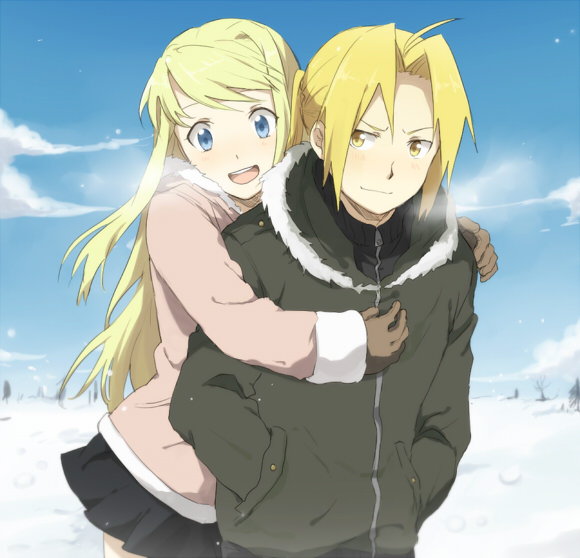 1girl bad_id blonde_hair blue_eyes breath coat couple edward_elric fullmetal_alchemist fur_trim gloves hands_in_pockets hug hug_from_behind long_hair ponytail riru skirt smile snow winry_rockbell winter winter_clothes yellow_eyes zipper