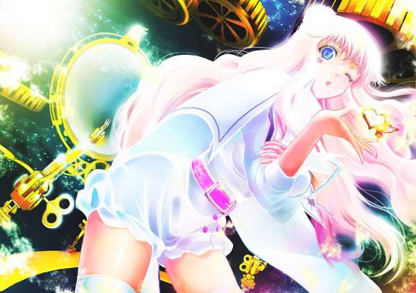 blown_kiss blue_eyes heart kai_(asimo) macross macross_frontier macross_frontier:_itsuwari_no_utahime macross_frontier:_the_false_diva pink_hair sheryl_nome thigh-highs thighhighs wink zettai_ryouiki