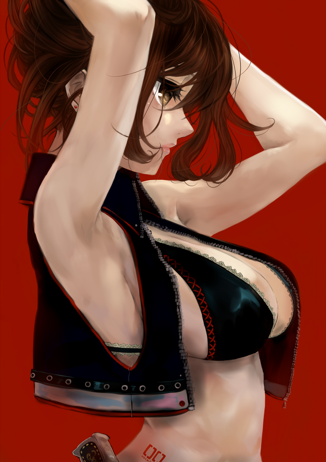 adjusting_hair armpits arms_up bikini_top bolero breasts brown_hair cleavage cropped_jacket earrings face hair_in_mouth highres jewelry large_breasts lips meiko pisuke profile red_background short_hair sideboob solo tattoo vest vocaloid yellow_eyes