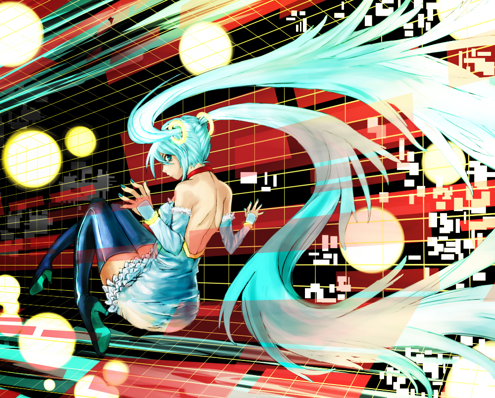 back bare_back bare_shoulders boots detached_sleeves dress eiji_(eiji) floating hatsune_miku long_hair solo thigh-highs thigh_boots thighhighs very_long_hair vocaloid