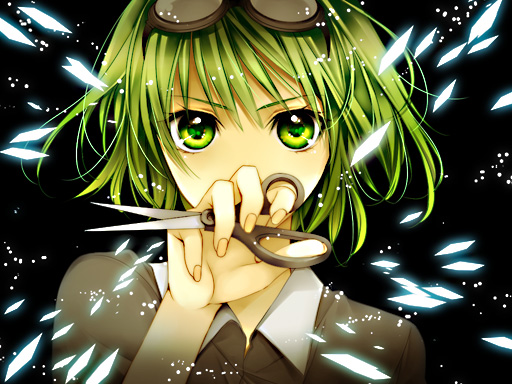 goggles goggles_on_head green_eyes green_hair gumi kanae_(aab) lowres mosaic_roll_(vocaloid) scissors vocaloid