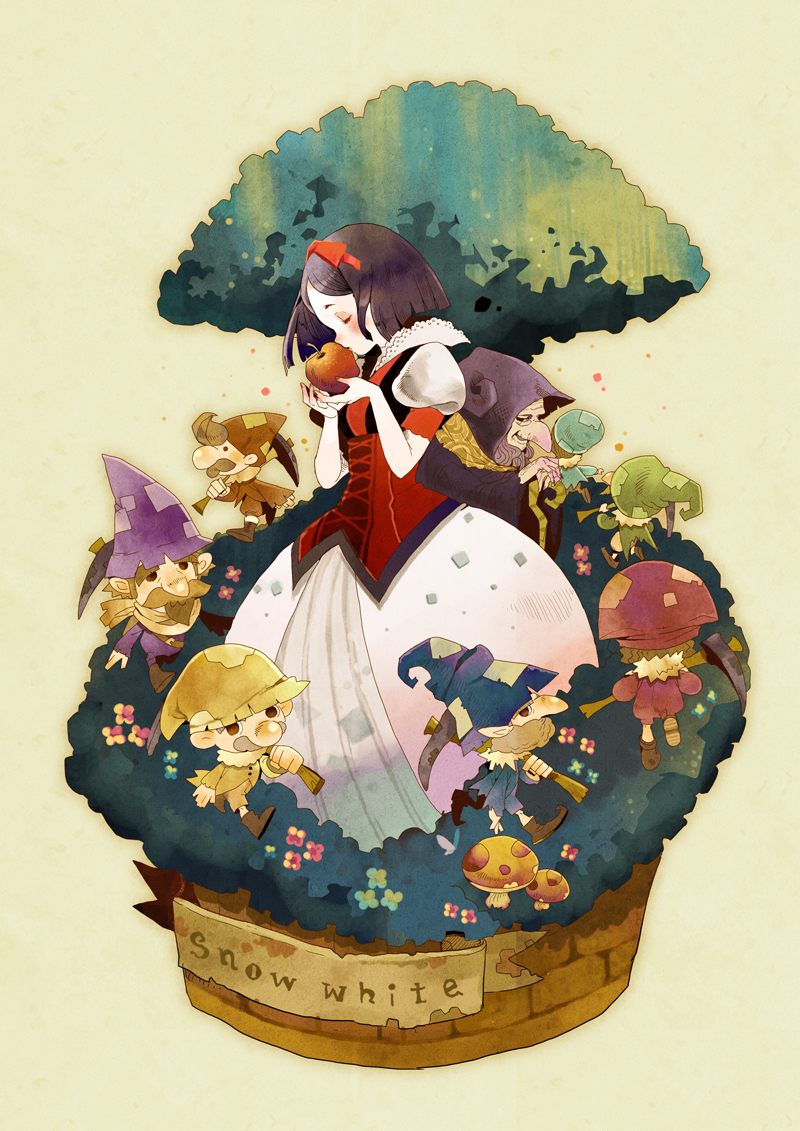 black_hair bow closed_eyes dwarf dwarf_(grimm) eyes_closed food fruit grimm's_fairy_tales hair_bow kotetsu_(popeethe) pickaxe short_hair simple_background snow_white snow_white_(character) snow_white_(grimm) snow_white_and_the_seven_dwarfs tree witch