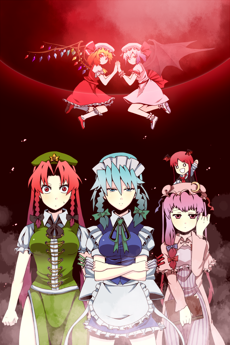 &gt;:( &gt;:) &gt;:d &gt;:| :d bat_wings blonde_hair blue_eyes blue_hair chibi constricted_pupils crescent crossed_arms flandre_scarlet full_moon hat head_wings highres hong_meiling izayoi_sakuya knife koakuma looking_at_viewer maid maid_headdress minigirl moon multiple_girls o_o open_mouth patchouli_knowledge purple_eyes purple_hair red_moon remilia_scarlet smile taitaitaira the_embodiment_of_scarlet_devil throwing_knife touhou weapon wide-eyed wings