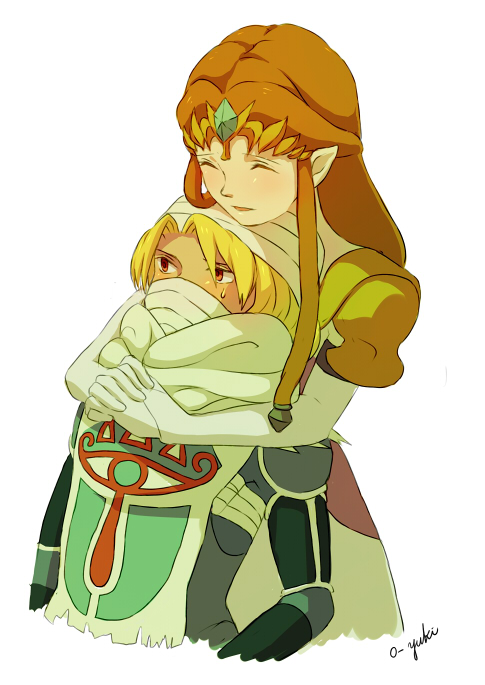 blonde_hair gloves hug hug_from_behind long_hair nintendo o-yuki ocarina_of_time pointy_ears princess_zelda red_eyes reverse_trap sheik smile surcoat the_legend_of_zelda time_paradox twilight_princess