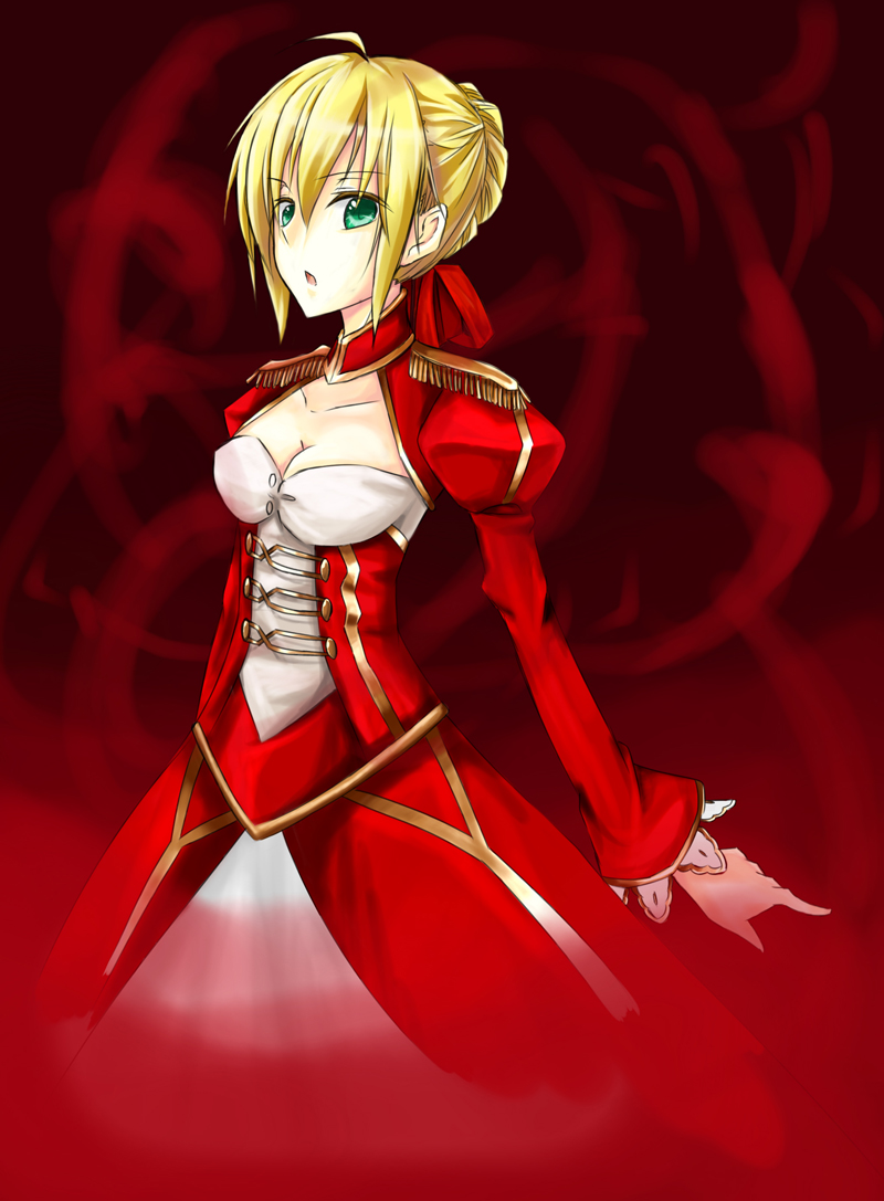 bad_id blonde_hair braid dress epaulettes fate/extra fate/stay_night fate_(series) green_eyes ribbon saber saber_extra short_hair whiisky whiisky_(artist)