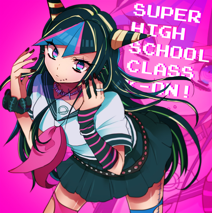 1girl belt dangan_ronpa english jewelry lgw7 looking_at_viewer mioda_ibuki mismatched_legwear multicolored_eyes multicolored_hair nail_polish necklace piercing ring school_uniform serafuku super_dangan_ronpa_2 zoom_layer