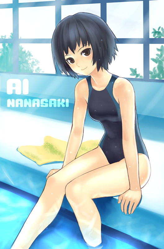 1girl amagami black_eyes black_hair competition_swimsuit feet_in_water k+ nanasaki_ai one-piece_swimsuit pool short_hair soaking_feet solo swimsuit towel water