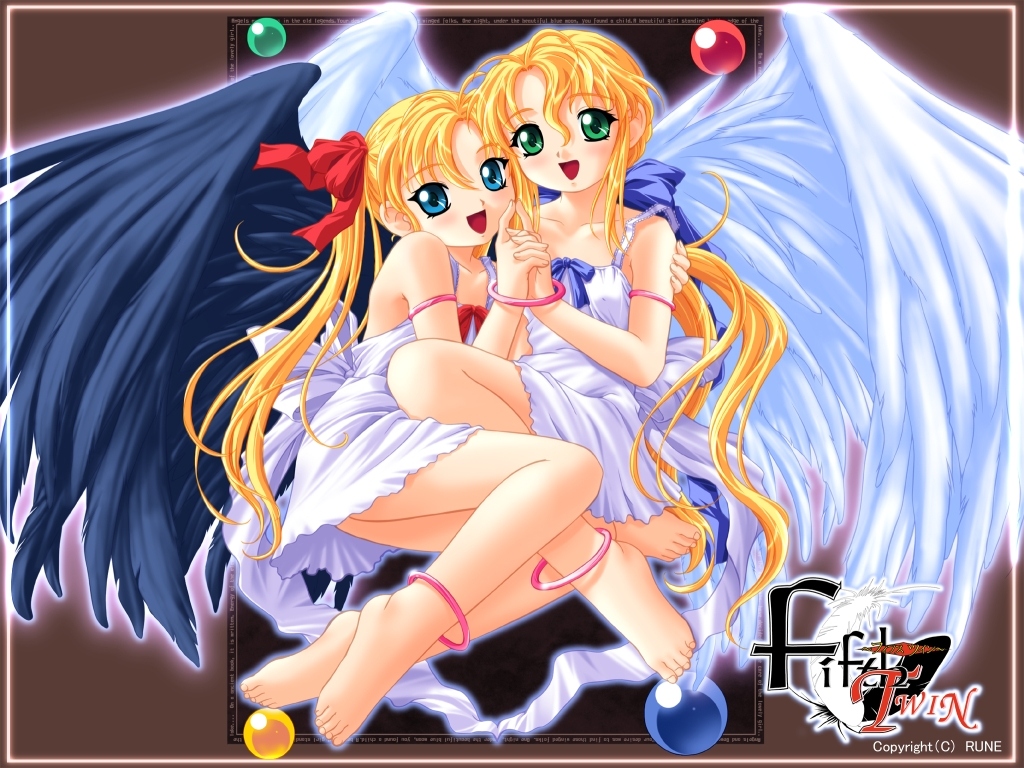 armlet barefoot blonde_hair ena_(fifth_twin) feet fifth_twin jewelry lina nonohara_miki siblings twins wings