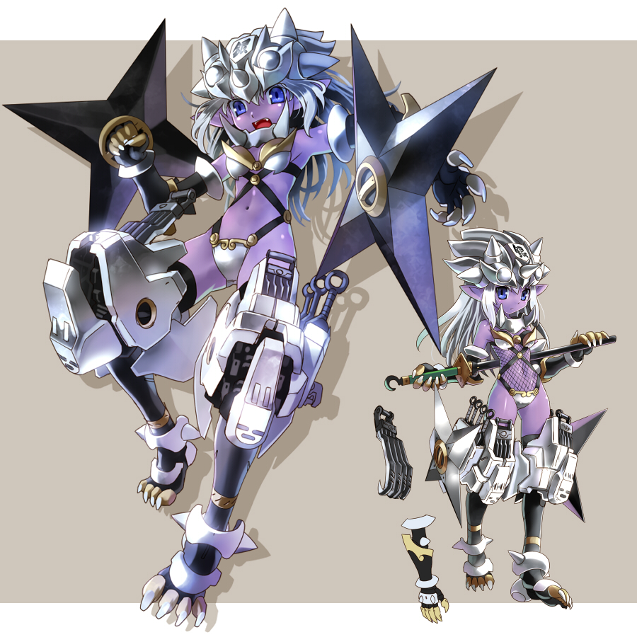 blue_eyes demon_girl katahira_masashi kunai oni original pointy_ears purple_skin shougi shuriken silver_hair solo weapon