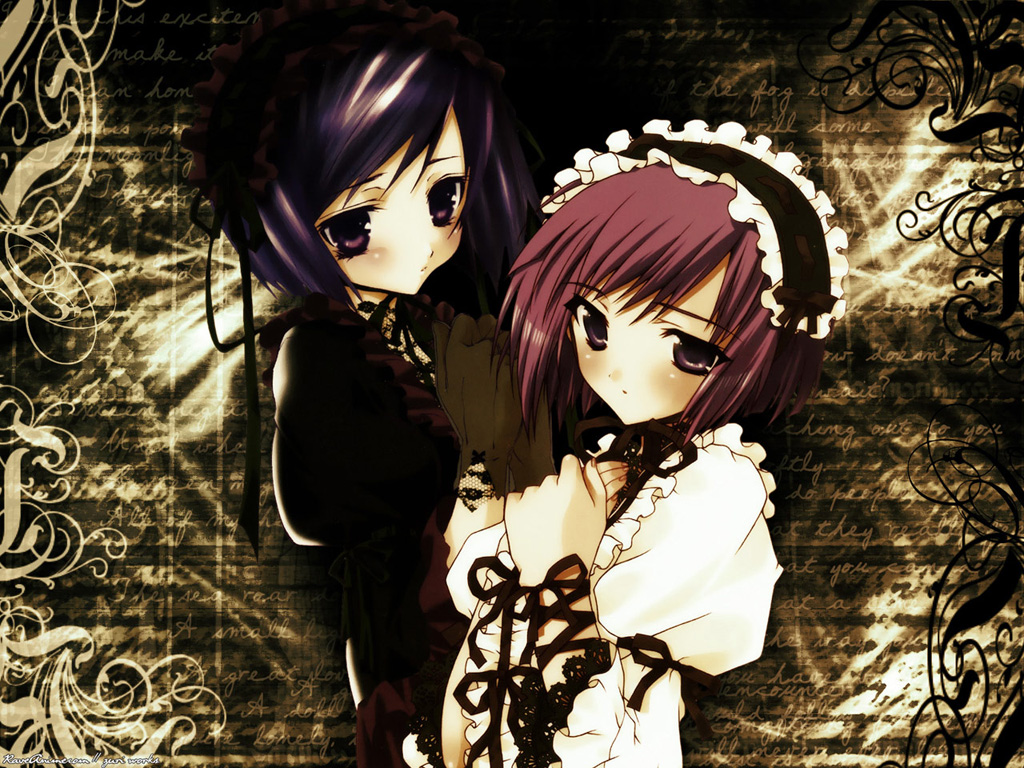 2girls black_vs_white gothic_lolita headdress kanno_touko lolita_fashion multiple_girls nini_(nininco) purple_hair red_hair short_hair wallpaper