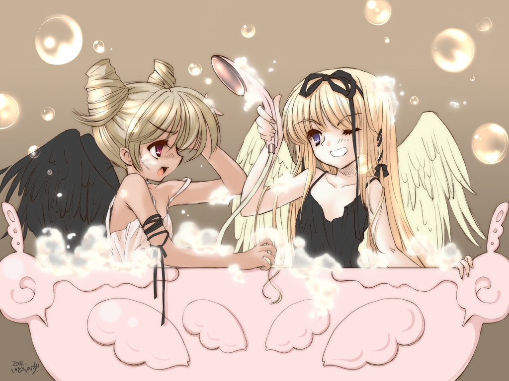 angel angel_wings bath blonde_hair blue_eyes bubble foam itou_noiji original red_eyes ribbon wallpaper wings