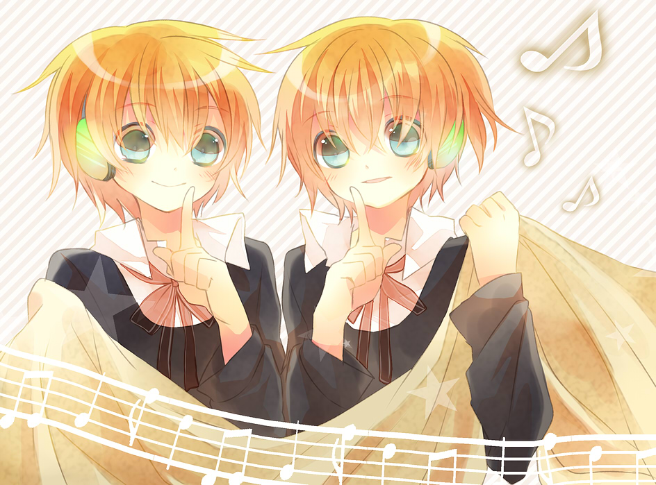 aqua_eyes bad_id blonde_hair headphones kagamine_len kagamine_rin musical_note short_hair siblings smile twins vocaloid yamiko yamiya