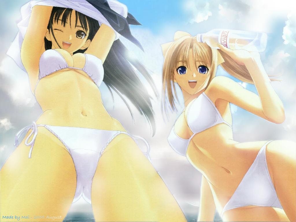 after armpits arms_up beach bikini black_hair blue_eyes bottle breasts brown_eyes brown_hair cleavage cloud crossover jpeg_artifacts long_hair mizushima_asa multiple_girls navel photoshop ponytail product_placement shiomiya_kanami shirt_lift side-tie_bikini sky sora_no_iro_mizu_no_iro string_bikini swimsuit taka_tony tan tanline towel undressing wallpaper water_bottle watermark white_bikini wink